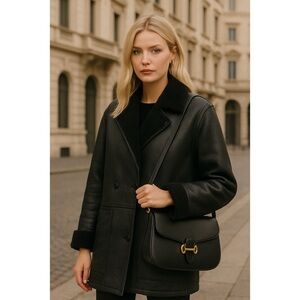 Vintage Black Shearling Coat with Soft Leather Finish European size 38 US size 8